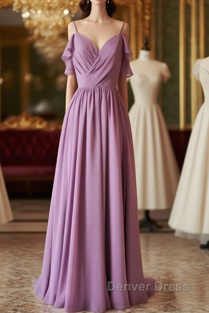 Chiffon Dusty Purple Wedding Guest Dresses Straps Long Bridesmaid Dresses Main image
