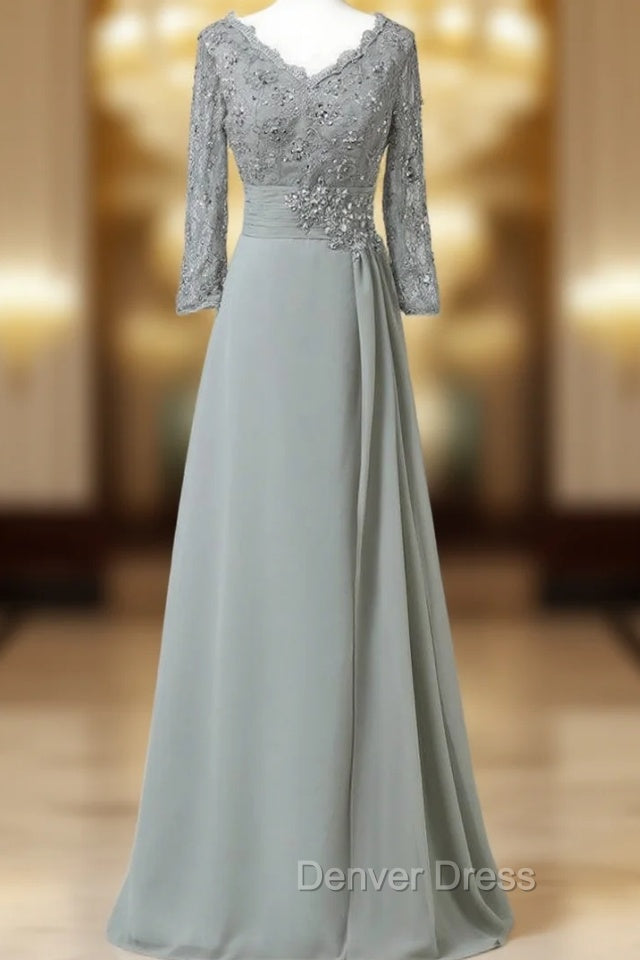 Chiffon Lace 3 4 Sleeve Double V Neck Grey Beading Mother of the Bride Dresses