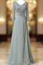 Chiffon Lace 3 4 Sleeve Double V Neck Grey Beading Mother of the Bride Dresses
