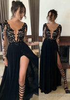 Chiffon Long Floor Length A Line Full Long Sleeve Bateau Zipper Up At Side Prom Dresses With Appliqued