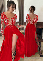 Chiffon Long Floor Length A Line Full Long Sleeve Bateau Zipper Up At Side Prom Dresses With Appliqued