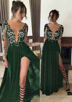 Chiffon Long/Floor-Length A-Line/Princess Full/Long Sleeve Bateau Zipper Up At Side Prom Dresses With Appliqued
