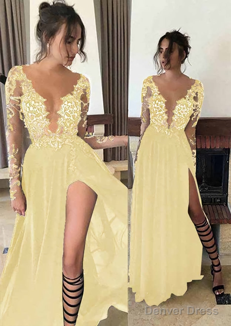 Chiffon Long/Floor-Length A-Line/Princess Full/Long Sleeve Bateau Zipper Up At Side Prom Dresses With Appliqued
