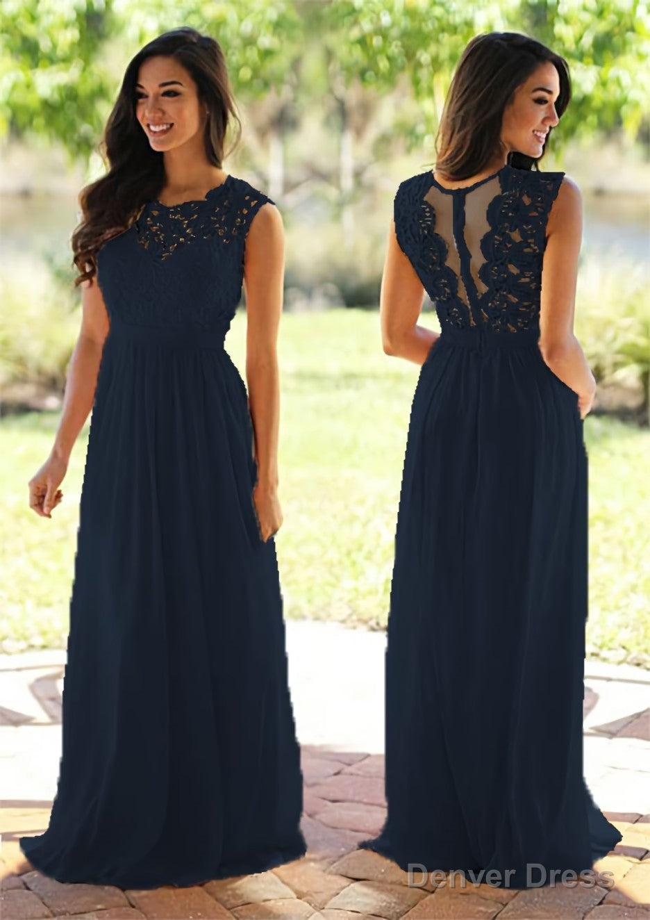 Chiffon Long/Floor-Length A-Line/Princess Sleeveless Bateau Zipper Prom Dresses With Appliqued Secondary image