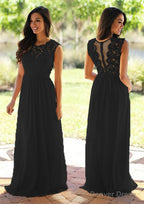 Chiffon Long Floor Length A Line Sleeveless Bateau Zipper Prom Dresses With Appliqued