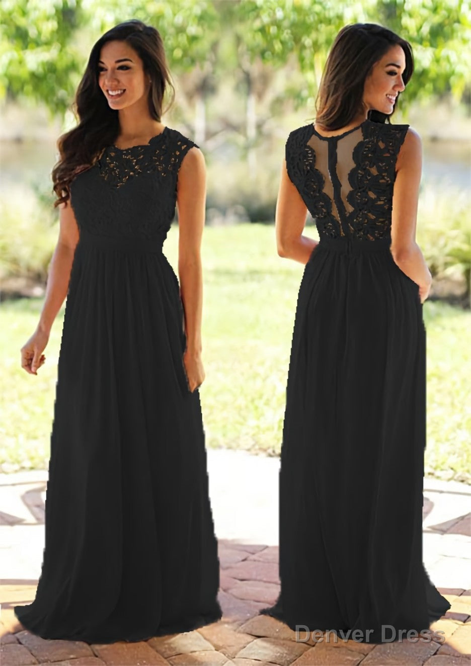 Chiffon Long Floor Length A Line Sleeveless Bateau Zipper Prom Dresses With Appliqued
