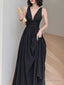 Simple V Neck Chiffon Black Long Prom Dress, Black Prom Dresses
