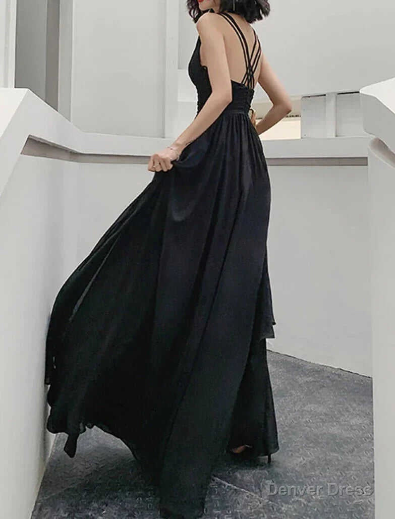 Simple V Neck Chiffon Black Long Prom Dress, Black Prom Dresses