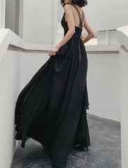 Einfacher V -Neck -Chiffon schwarzes langes Abschlussballkleid, schwarze Abendkleider