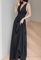 Simple V Neck Chiffon Black Long Prom Dress, Black Prom Dresses