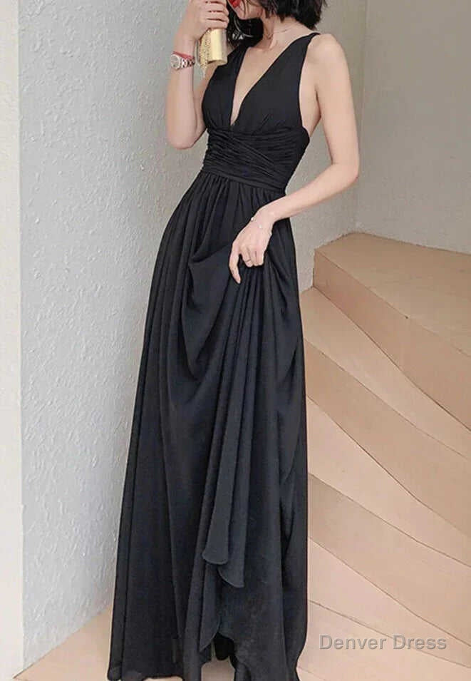 Simple V Neck Chiffon Black Long Prom Dress, Black Prom Dresses