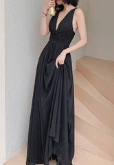 सिंपल वी नेक शिफॉन ब्लैक लॉन्ग प्रोम ड्रेस, ब्लैक इवनिंग ड्रेस