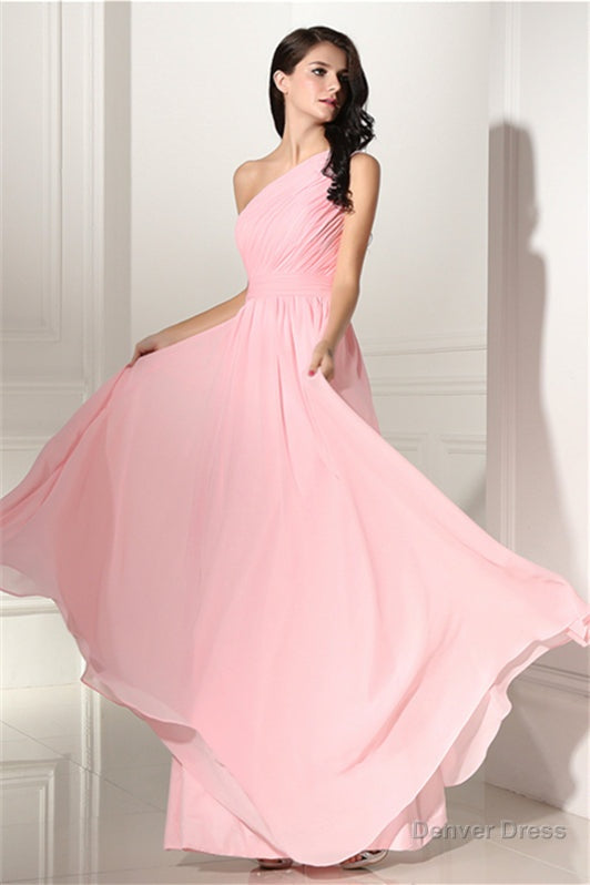 Chiffon Pink One Shoulder Long Bridesmaid Dresses Main image