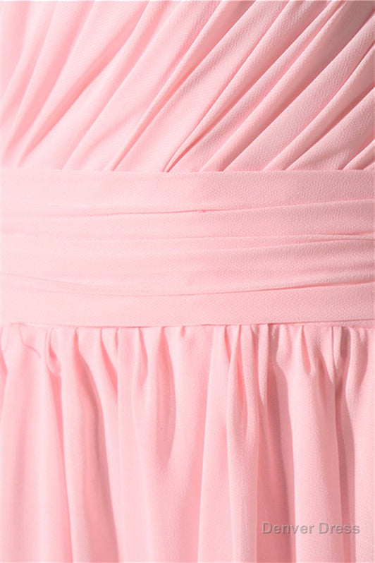 Chiffon Pink One Shoulder Long Bridesmaid Dresses