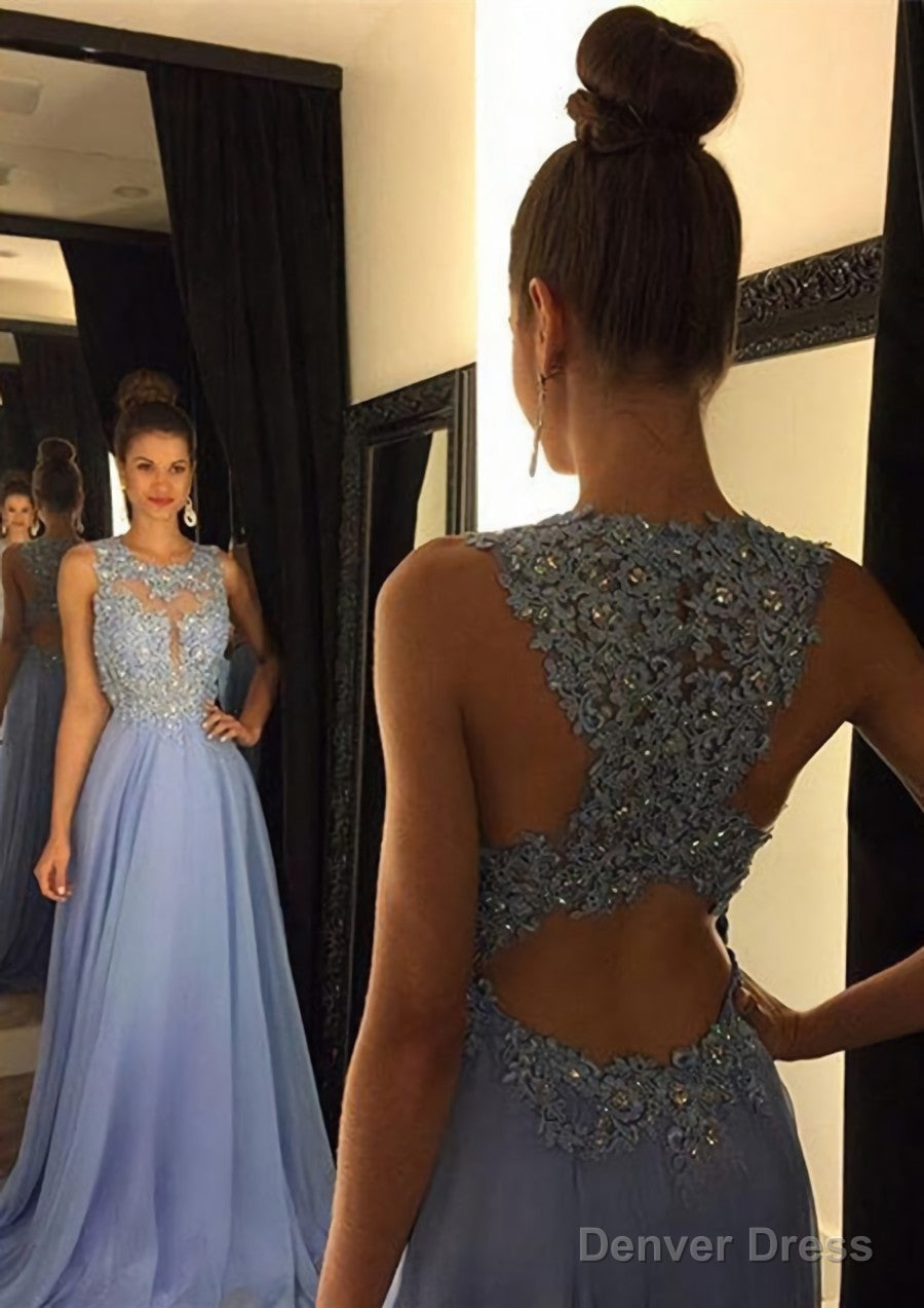 Chiffon Prom Dresses A-Line/Princess Scoop Neck Sweep Train With Appliqued Beaded Main image