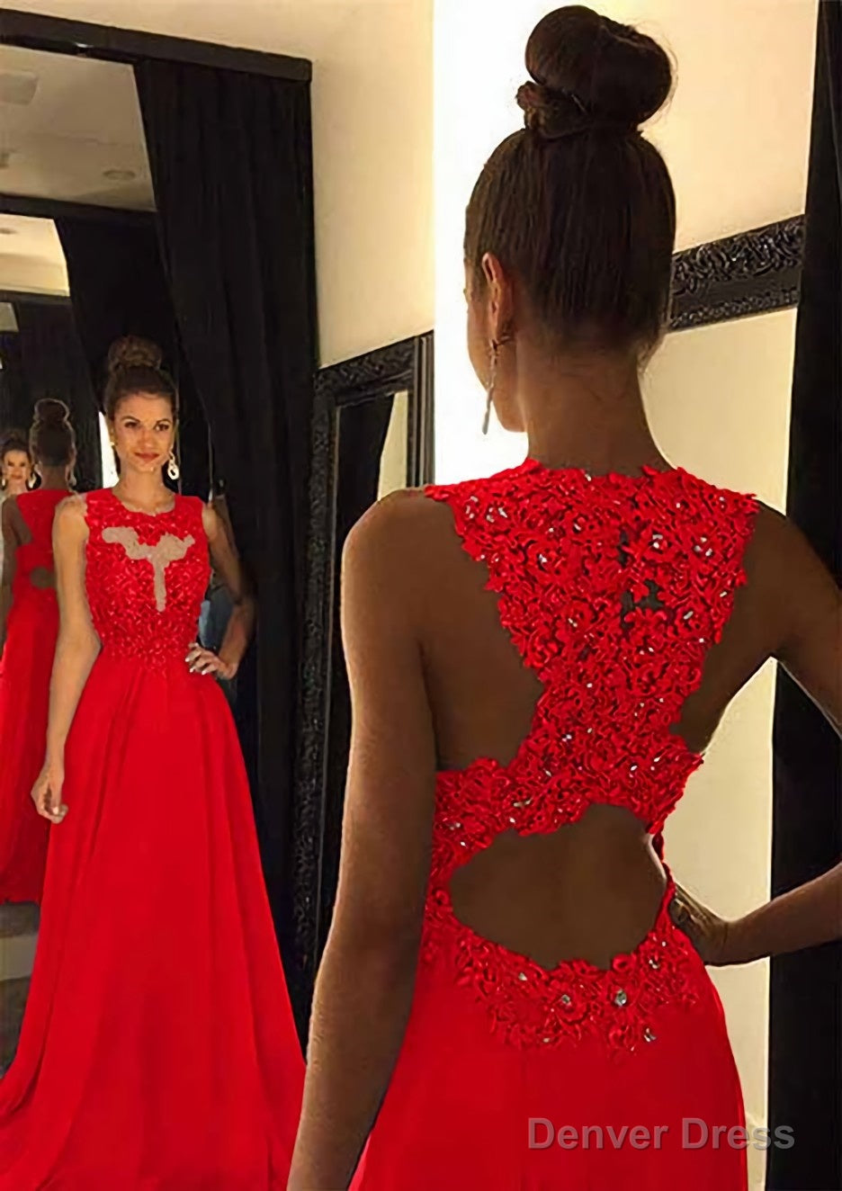 Chiffon Prom Dresses A Line Scoop Neck Sweep Train With Appliqued Beaded