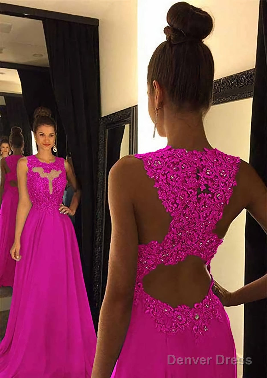 Chiffon Prom Dresses A Line Scoop Neck Sweep Train With Appliqued Beaded