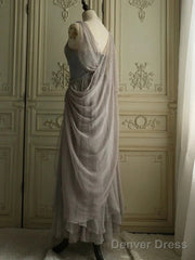 Chiffon Spaghetti Straps Transparent Beads Sweetheart Neck Grey Long Prom Dress