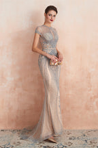 Mermaid Round Neck Long Prom Dresses with Crystal Beading