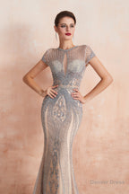 Mermaid Round Neck Long Prom Dresses with Crystal Beading