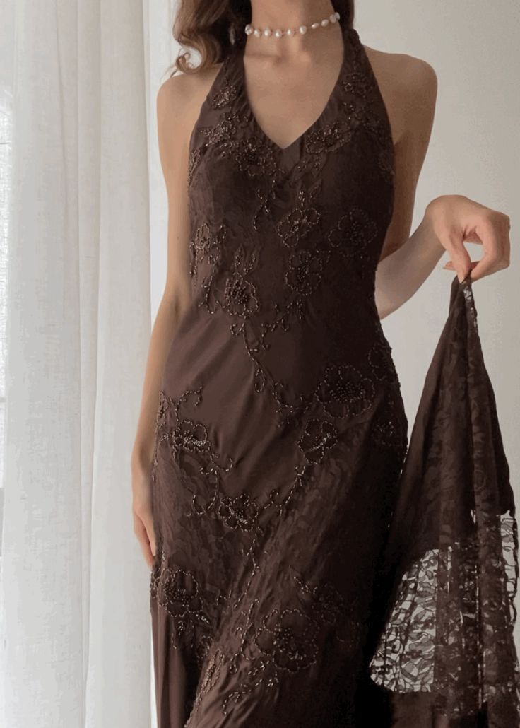 Brown Vintage Elegant Suspender Lace Spaghetti Strap Long Satin Ball Gowns Prom Dresses Secondary image