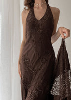 Brown Vintage Elegant Suspender Lace Spaghetti Strap Long Satin Ball Gowns Prom Dresses