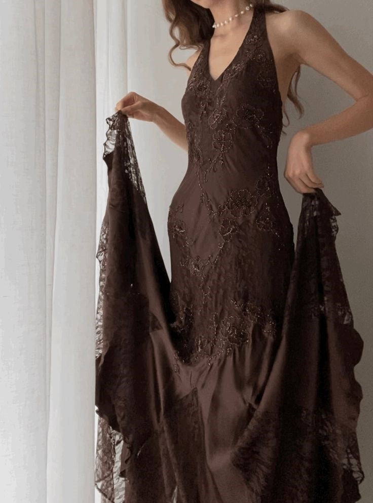 Brown Vintage Elegant Suspender Lace Spaghetti Strap Long Satin Ball Gowns Prom Dresses