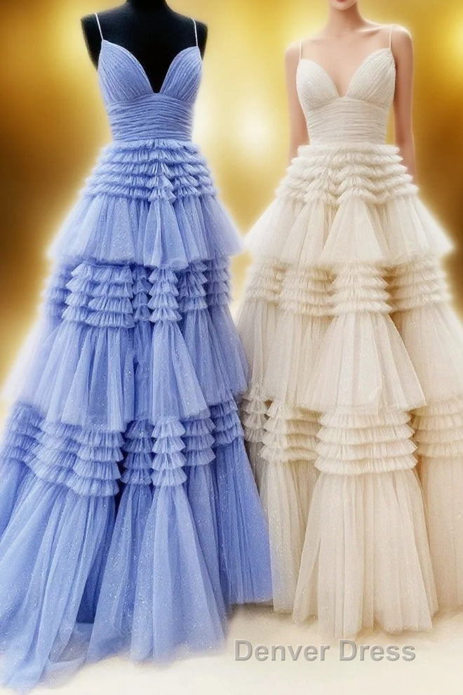 Princess Pink Tiered Layers Tulle Long Prom Gowns
