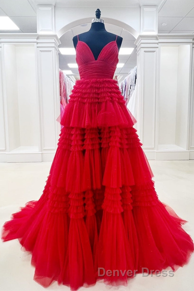 Princess Pink Tiered Layers Tulle Long Prom Gowns