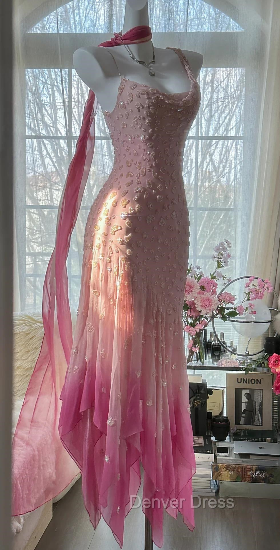 Cinderella Pink A Line Prom Gowns Iridescent Beaded Tulle With Soft Chiffon Layers For Sweet 16