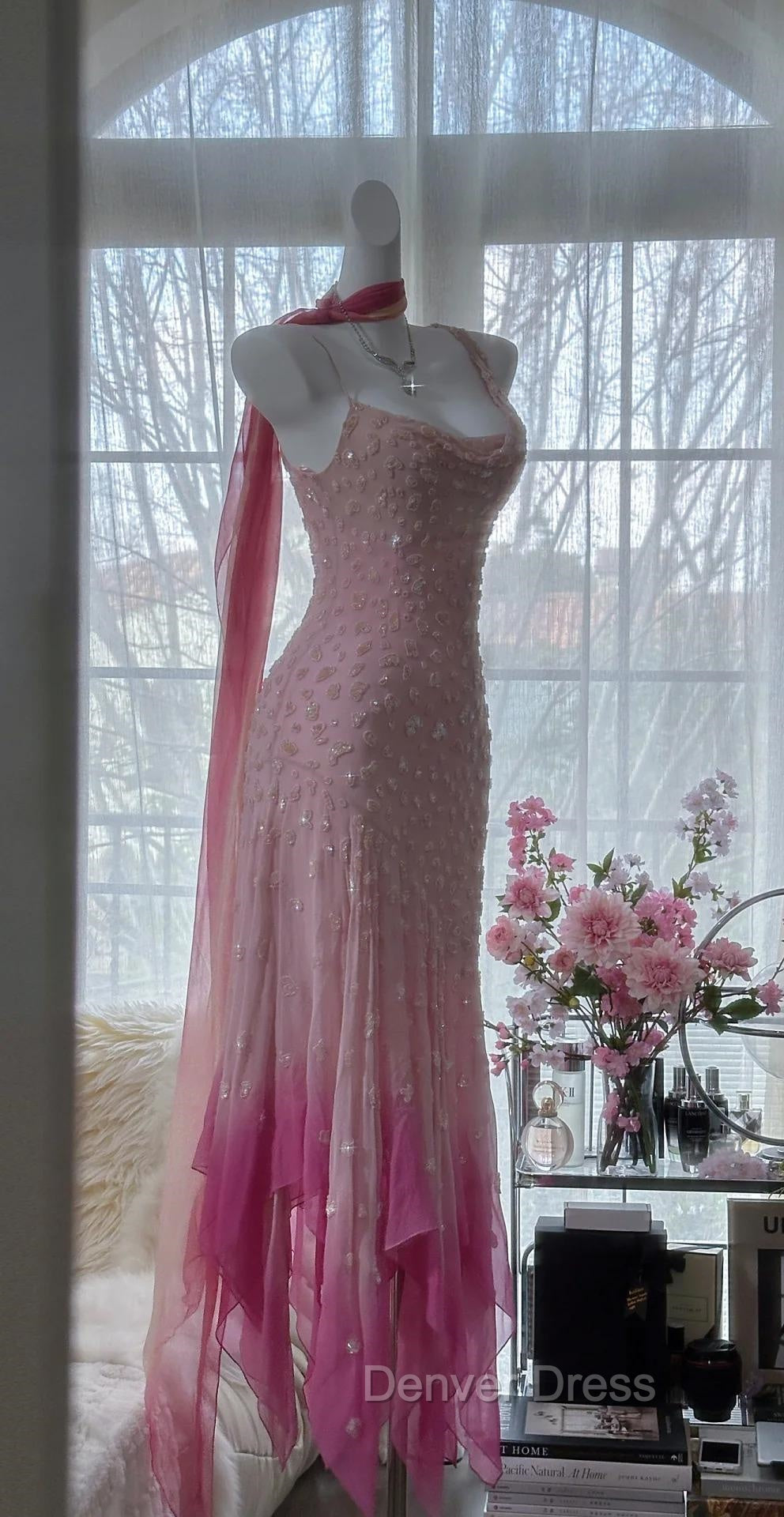 Cinderella Pink A Line Prom Gowns Iridescent Beaded Tulle With Soft Chiffon Layers For Sweet 16