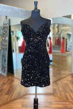 Cirss Cross Straps Black Sequined Homecoming Dress,Night Dresses Prom Short