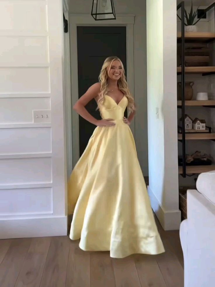 Classic A Line Spaghetti Straps Pastel Yellow Satin Long Prom Dress Secondary image