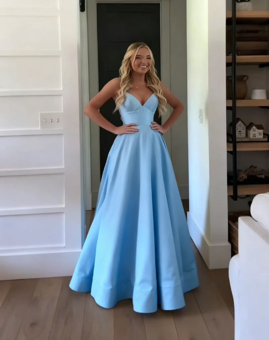 Classic A Line Spaghetti Straps Pastel Yellow Satin Long Prom Dress