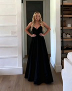 Classic A Line Spaghetti Straps Pastel Yellow Satin Long Prom Dress