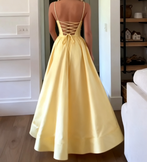 Classic A Line Spaghetti Straps Pastel Yellow Satin Long Prom Dress