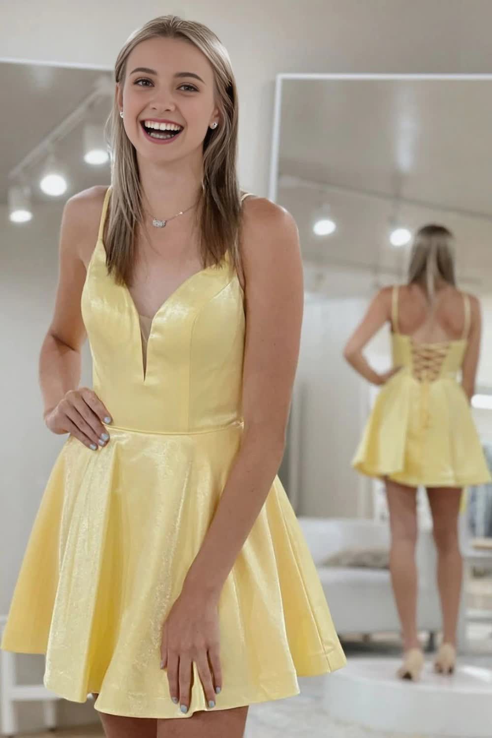 classic a line spaghetti straps yellow homecoming dress with criss cross