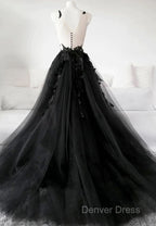 Classic Black Lace Tulle Long Prom Dresses Black Evening Dresses