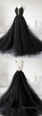 Classic Black Lace Tulle Long Prom Dresses Black Evening Dresses