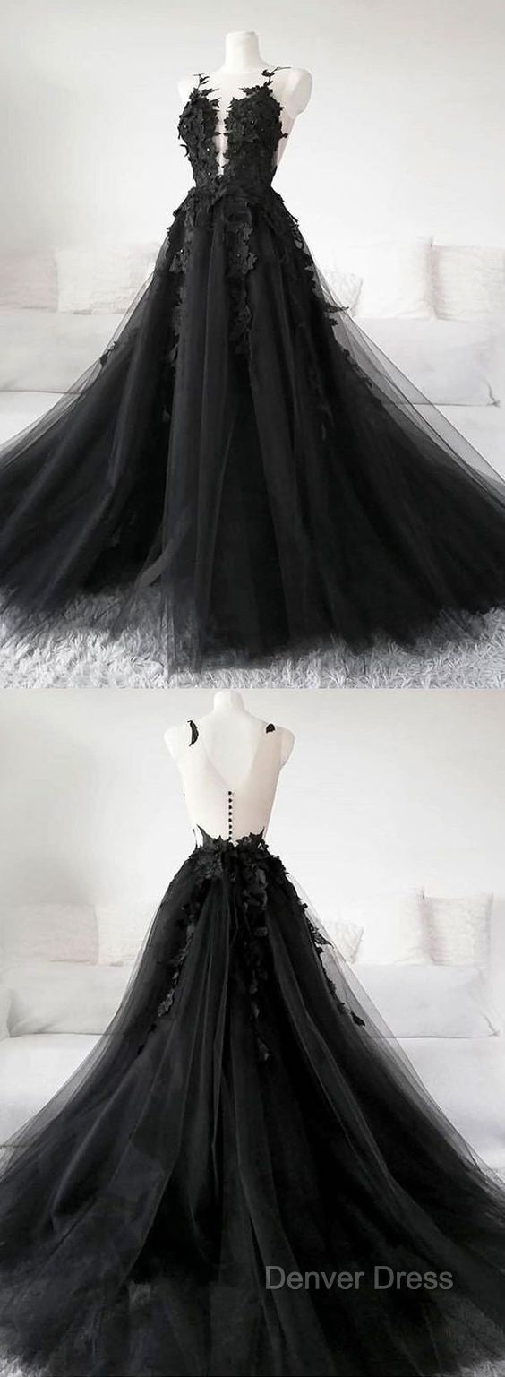 Classic Black Lace Tulle Long Prom Dresses Black Evening Dresses