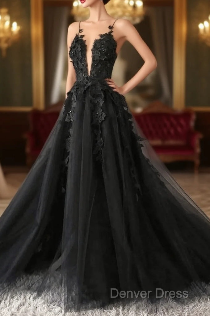 Classic Black Lace Tulle Long Prom Dresses Black Evening Dresses