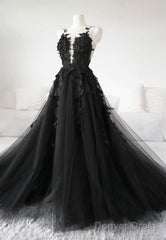 Classic Black Lace Tulle Long Prom Dress Black Evening Dress