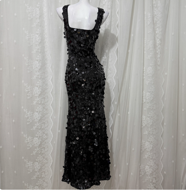 Classic Black Mermaid Square Neck Spaghetti Strap Sequin Long Prom Dresses Evening Dresses