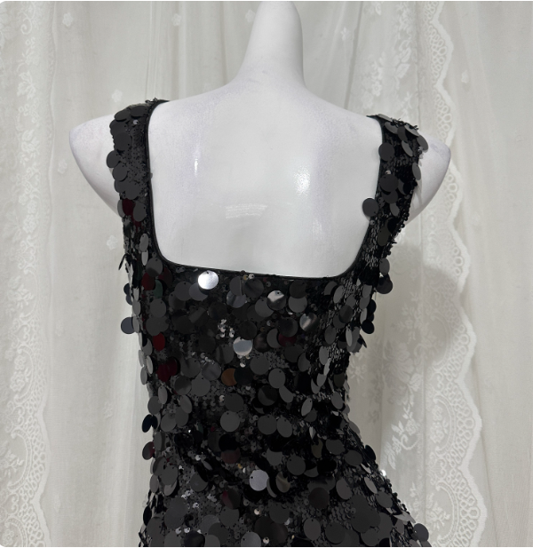 Classic Black Mermaid Square Neck Spaghetti Strap Sequin Long Prom Dresses Evening Dresses