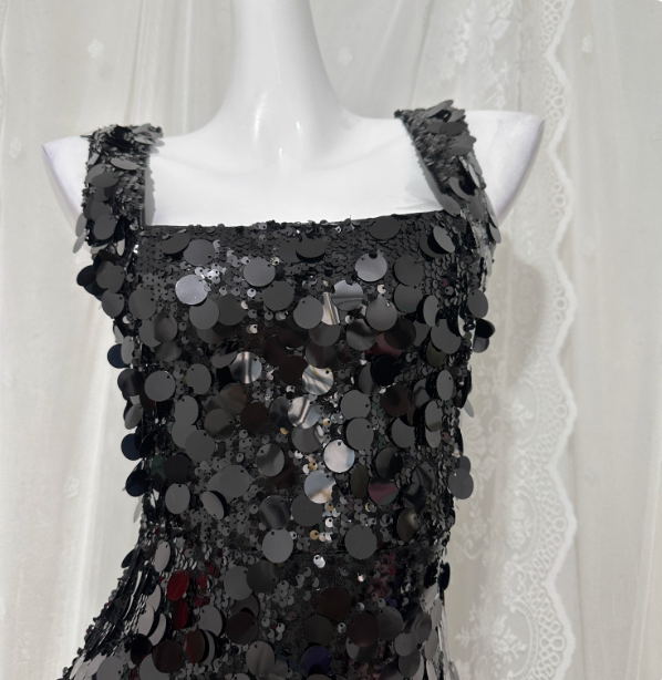 Classic Black Mermaid Square Neck Spaghetti Strap Sequin Long Prom Dresses Evening Dresses