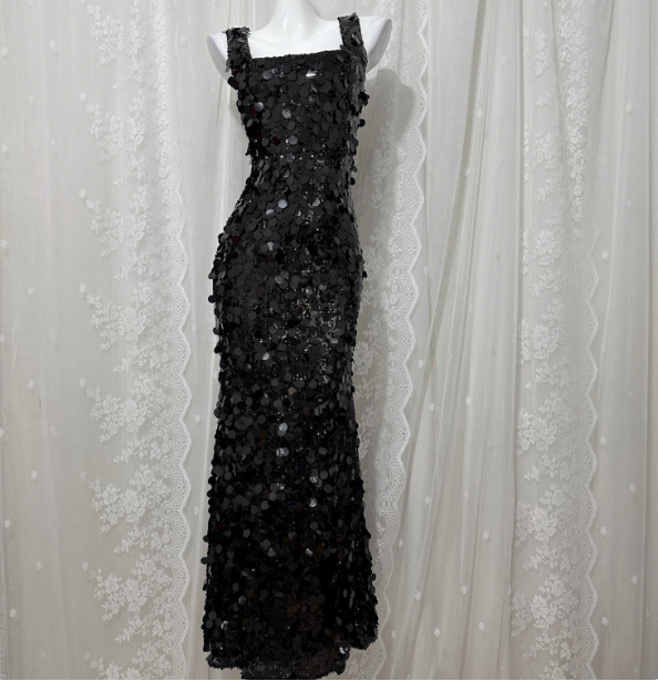 Classic Black Mermaid Square Neck Spaghetti Strap Sequin Long Prom Dresses Evening Dresses