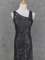 Classic Black Slim-Fit Asymmetric Neck Sequin Tulle Long Prom Dresses Evening Dresses