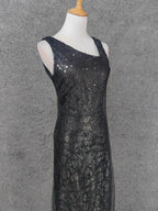 Classic Black Slim-Fit Asymmetric Neck Sequin Tulle Long Prom Dresses Evening Dresses