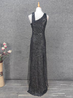 Classic Black Slim-Fit Asymmetric Neck Sequin Tulle Long Prom Dresses Evening Dresses