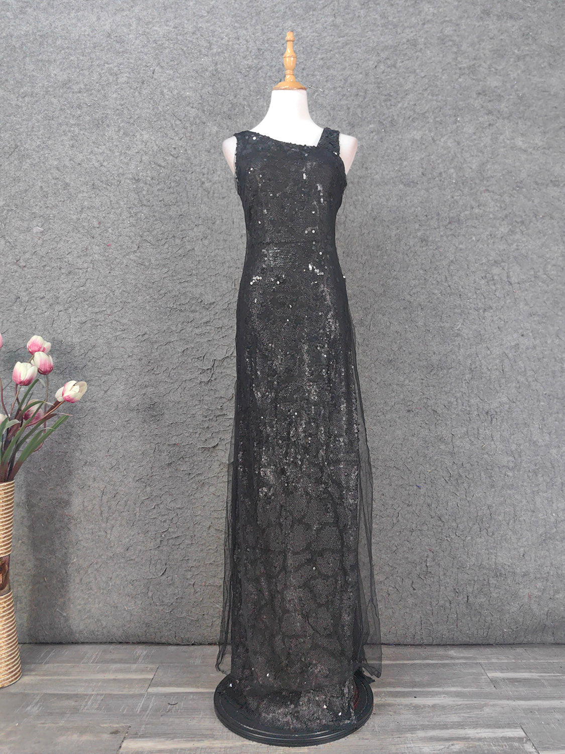 Classic Black Slim-Fit Asymmetric Neck Sequin Tulle Long Prom Dresses Evening Dresses